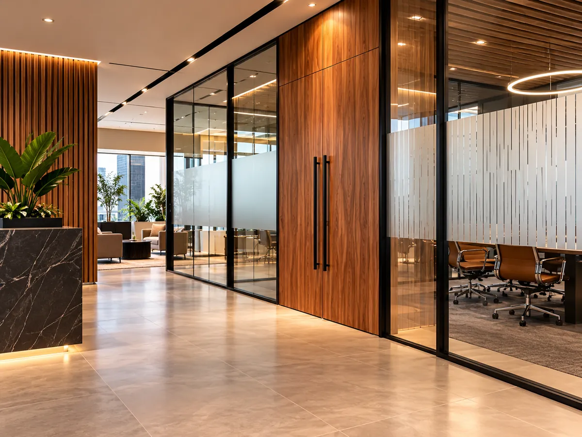 Office wall finished in wood-grain architectural film