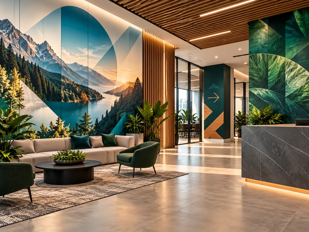 Corporate lobby with large branded wall graphics and lettering