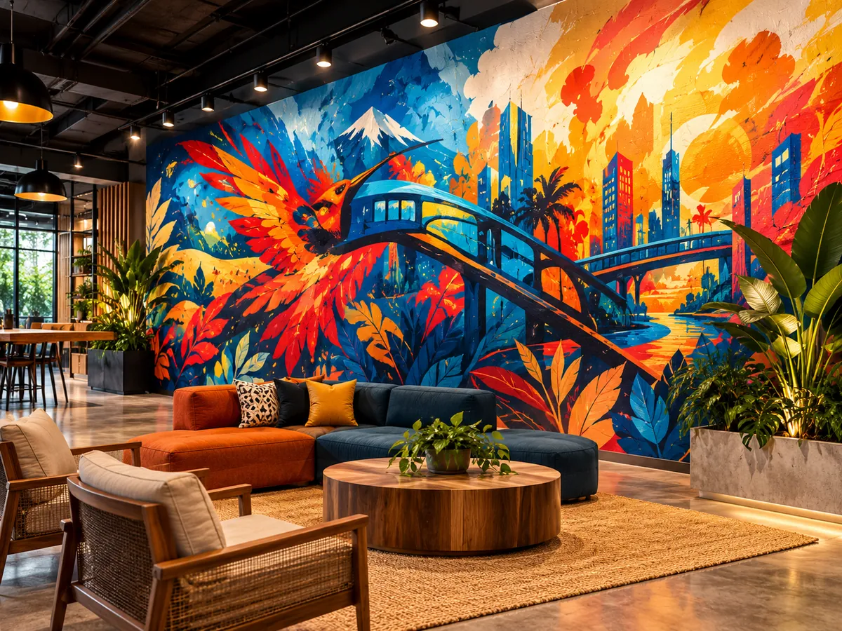 Colorful hand painted mural on a large interior wall