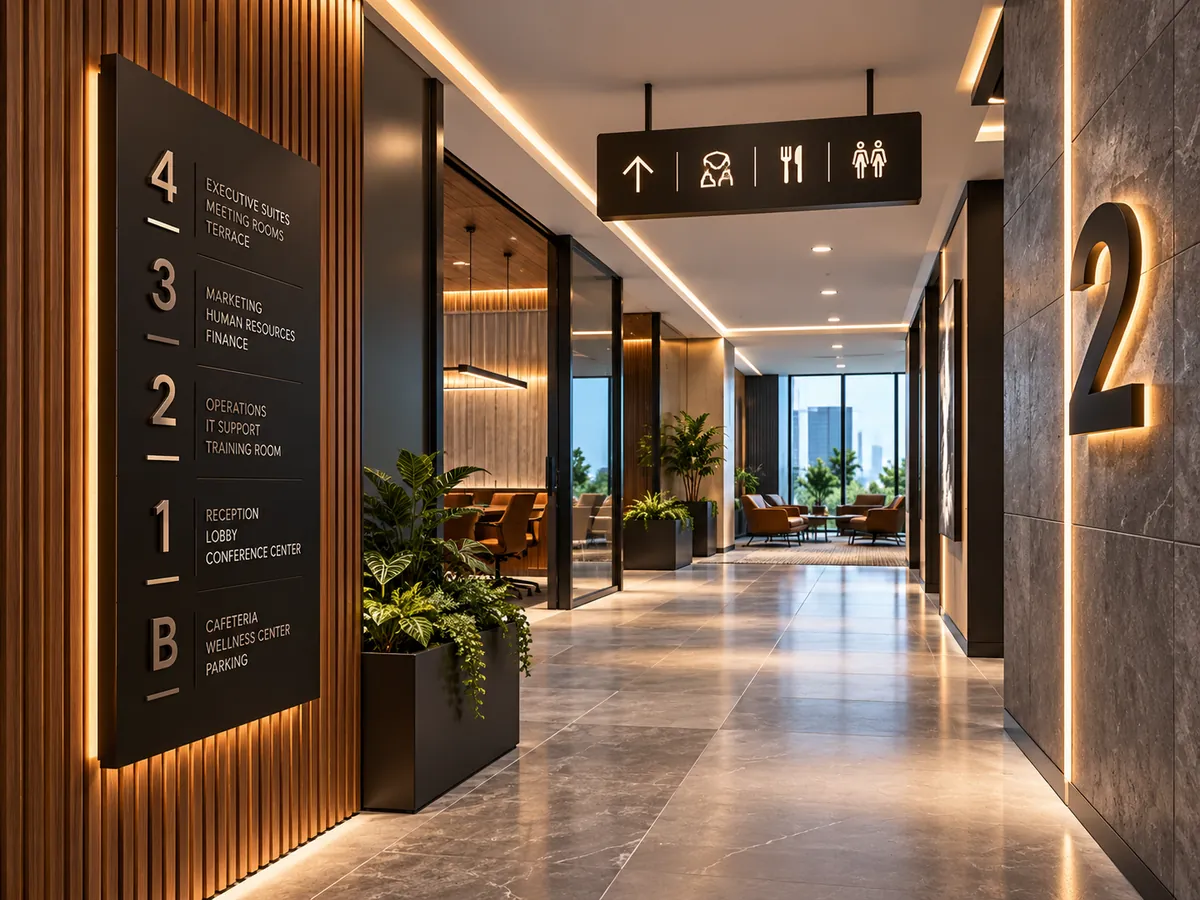 Office corridor with a backlit floor directory, hanging wayfinding sign and dimensional numerals
